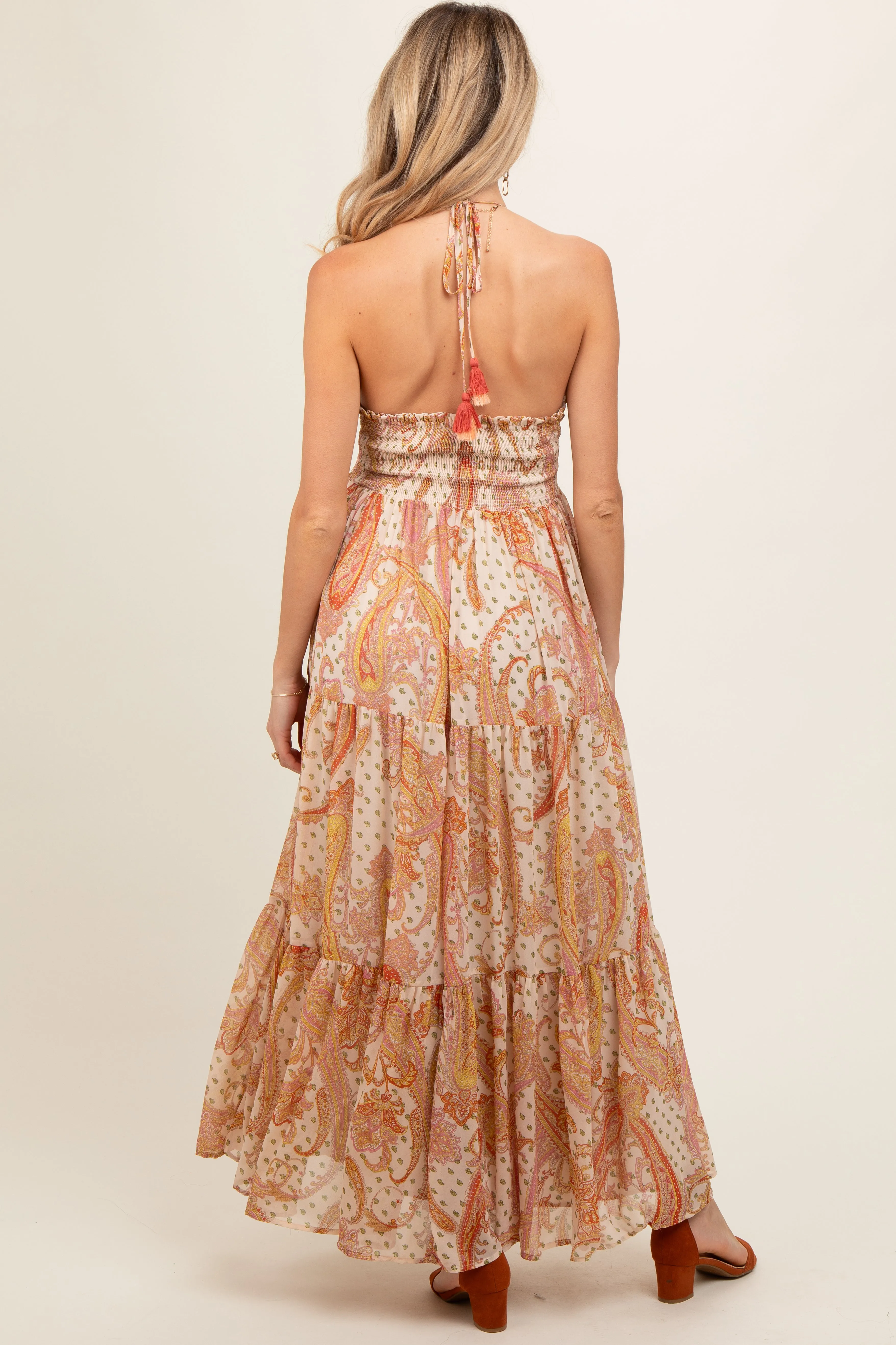 Cream Paisley Print Halter Maternity Maxi Dress sold by Pinkblush product image thumbnail 4