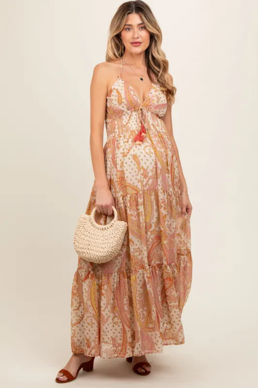 Cream Paisley Print Halter Maternity Maxi Dress sold by Pinkblush