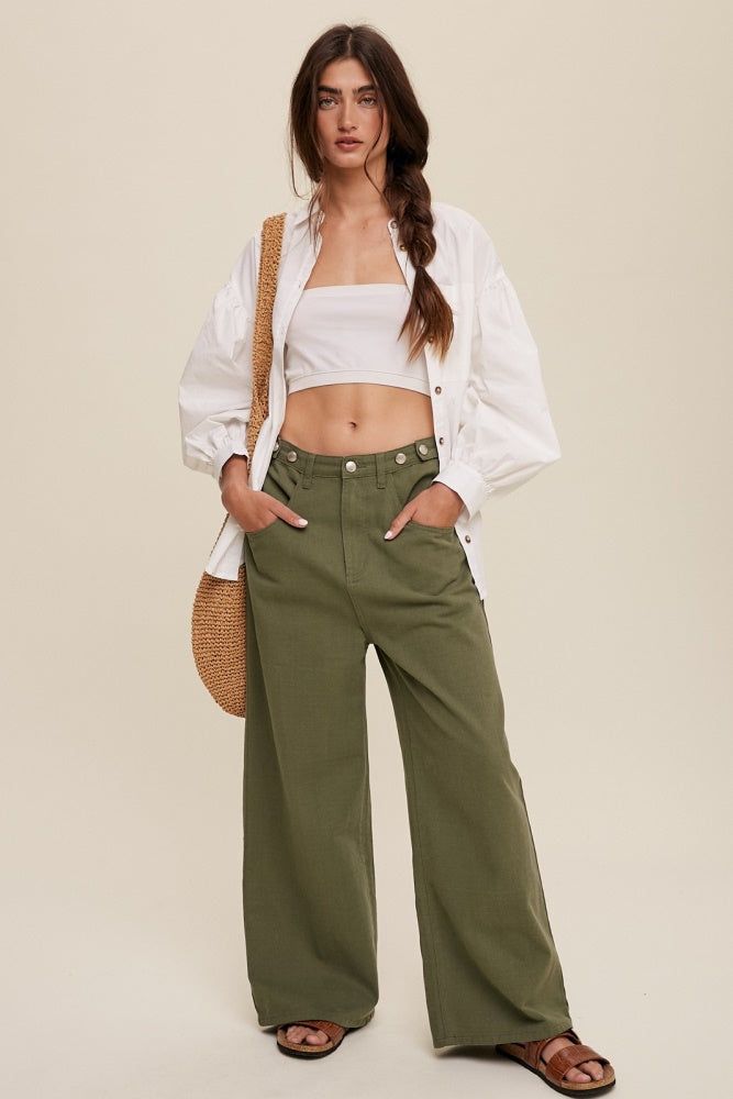 Olive Button Detail High Waisted Wide Leg Pants sold by Pinkblush