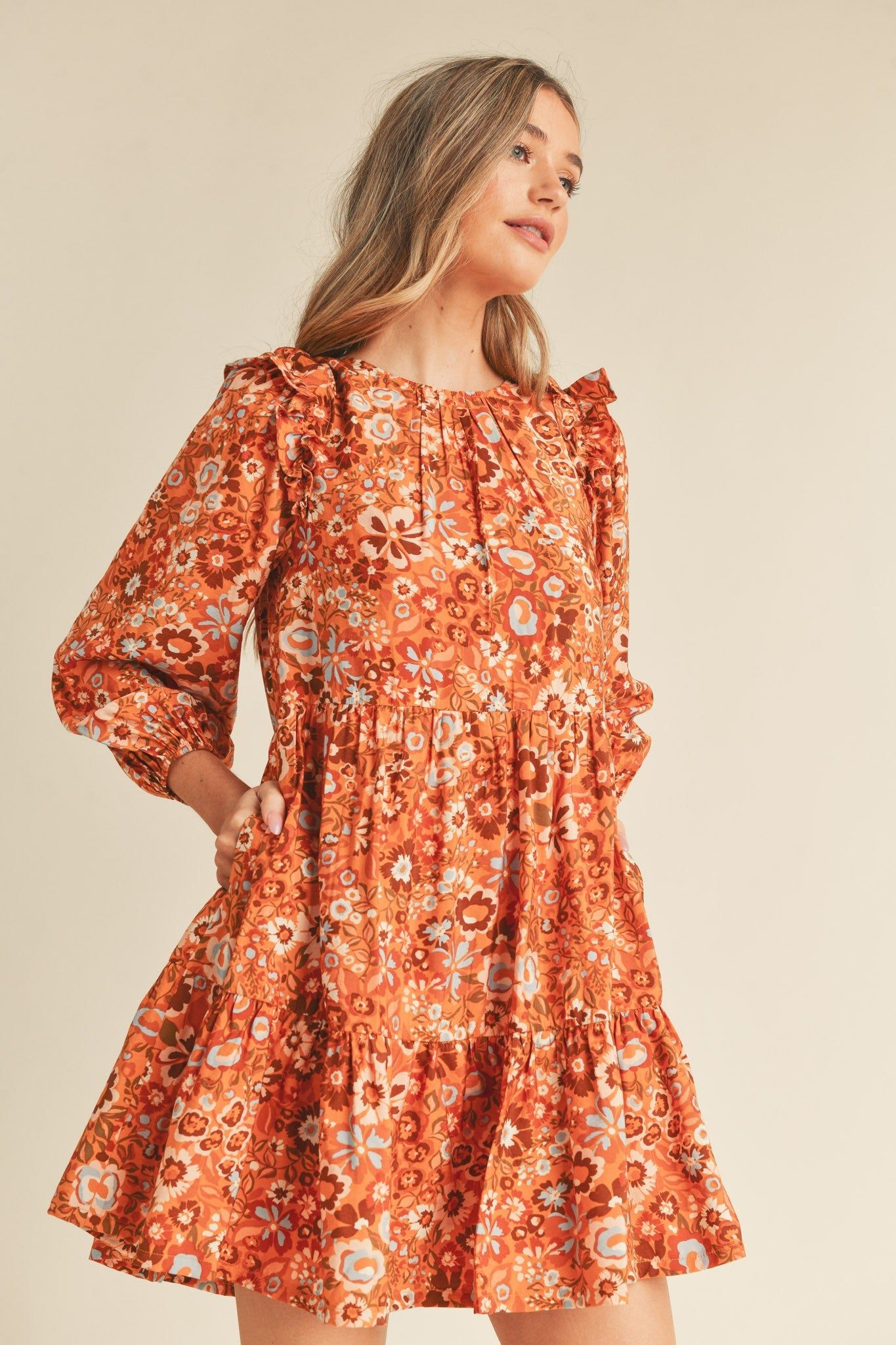 Caramel Multi Floral Print Tiered Mini Dress sold by Pinkblush product image thumbnail 3