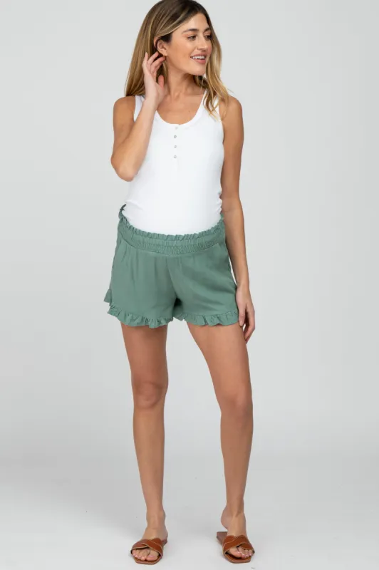 Sage Ruffle Hem Maternity Shorts sold by Pinkblush