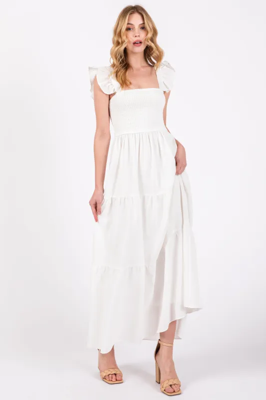 Cream Sleeveless Smocked Tiered Maxi Dress sold by Pinkblush