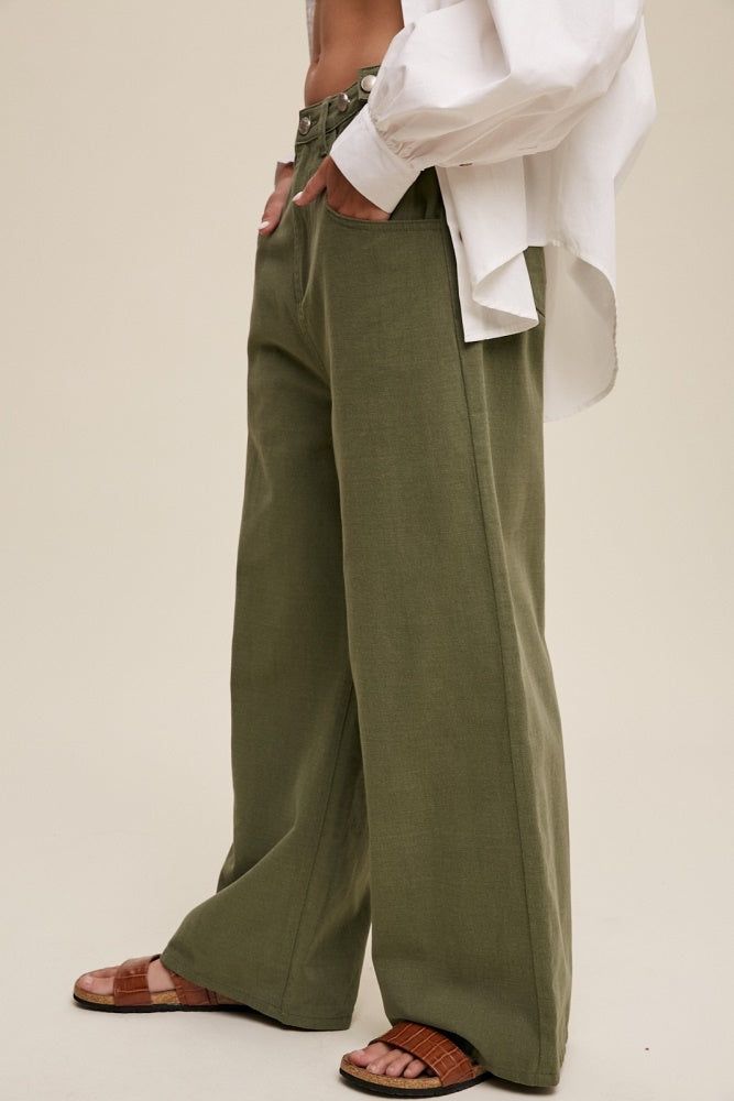 Olive Button Detail High Waisted Wide Leg Pants sold by Pinkblush product image thumbnail 3