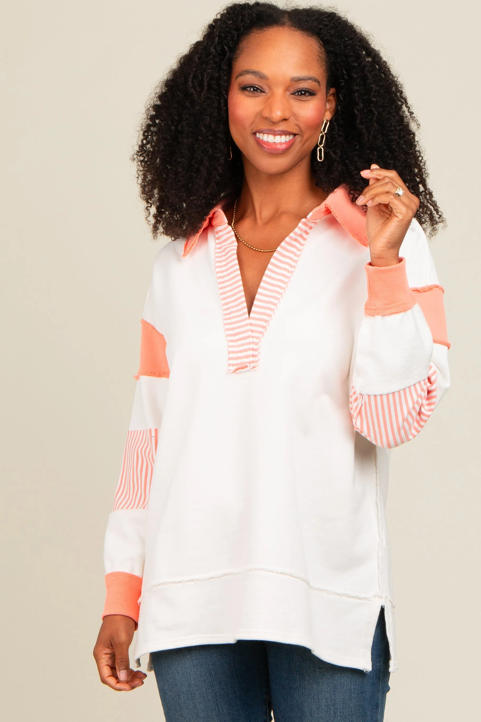 Salmon Striped Colorblock Maternity Polo Top sold by Pinkblush product image thumbnail 3