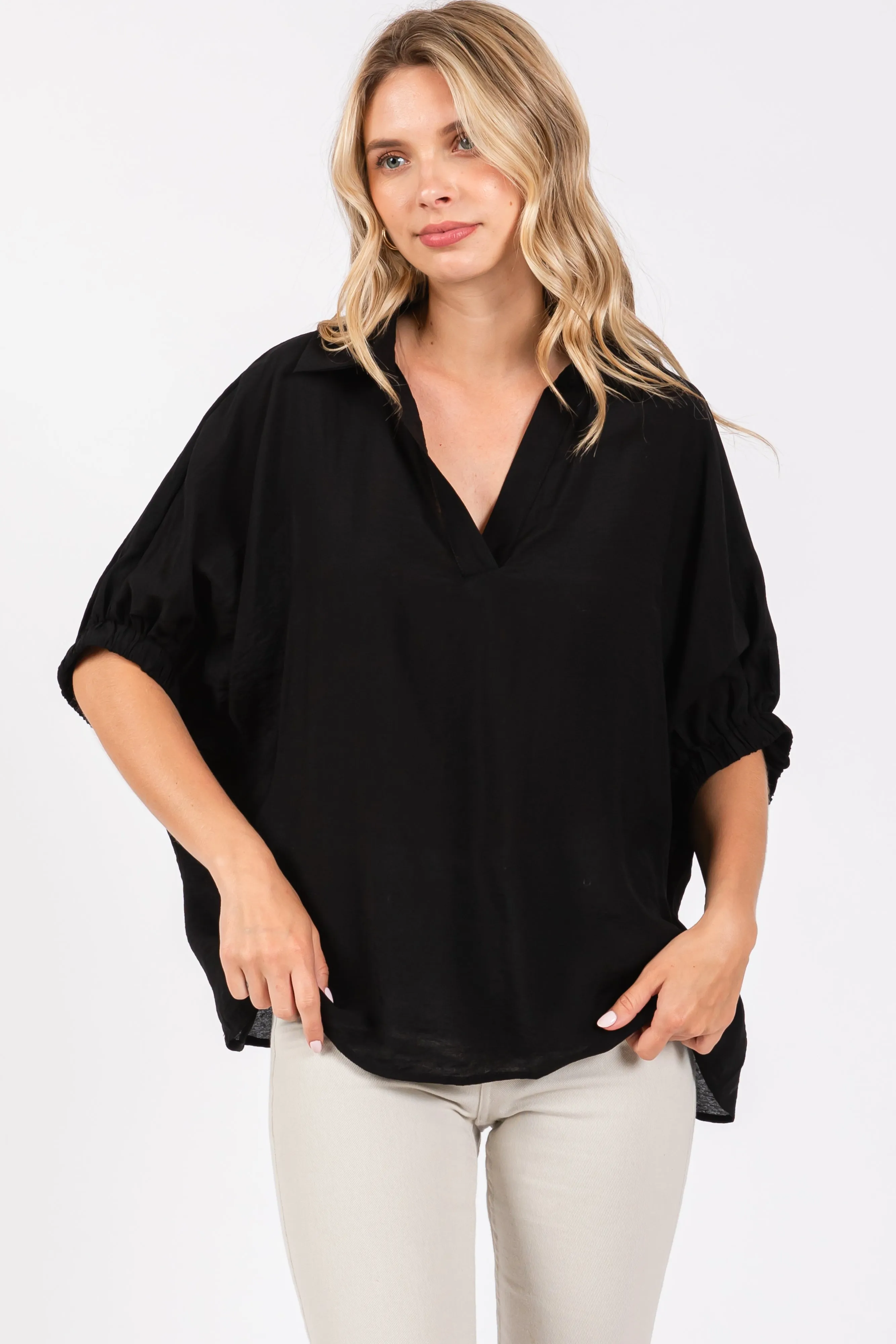 Black V-Neck Short Sleeve Top sold by Pinkblush