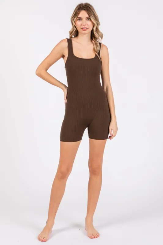 Brown Ribbed Square Neck Sleeveless Romper sold by Pinkblush