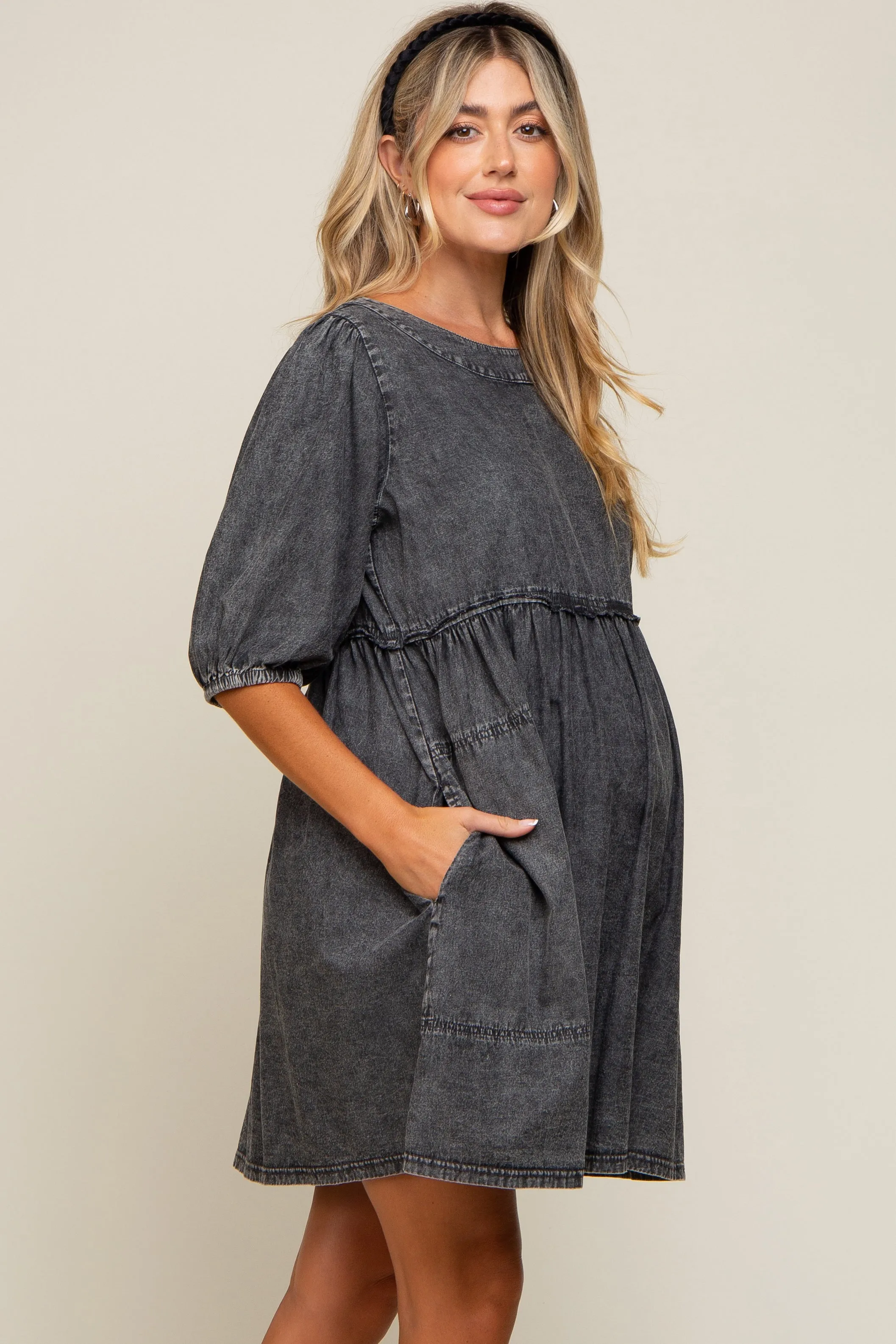 Black Faded Denim Chambray Maternity Mini Dress sold by Pinkblush product image thumbnail 3