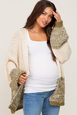 Olive Open Knit Color Block Maternity Cardigan sold by Pinkblush