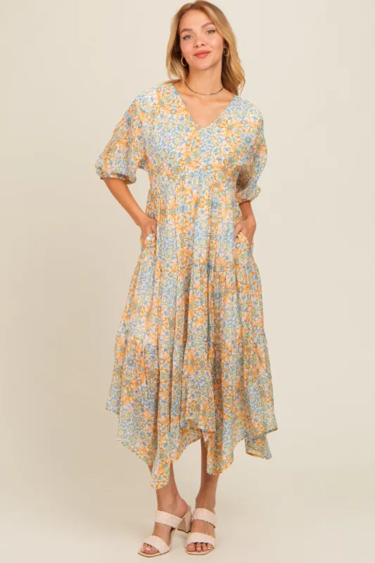Orange Floral Border Print V-Neck Tiered Midi Dress sold by Pinkblush