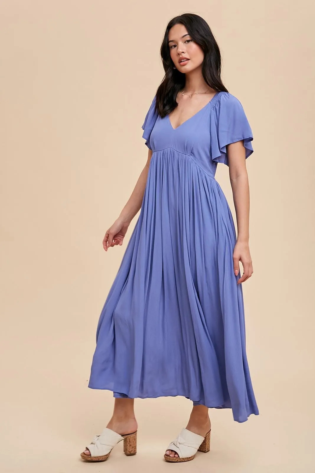 Blue V-Neck Flutter Short Sleeve Midi Dress sold by Pinkblush product image thumbnail 2