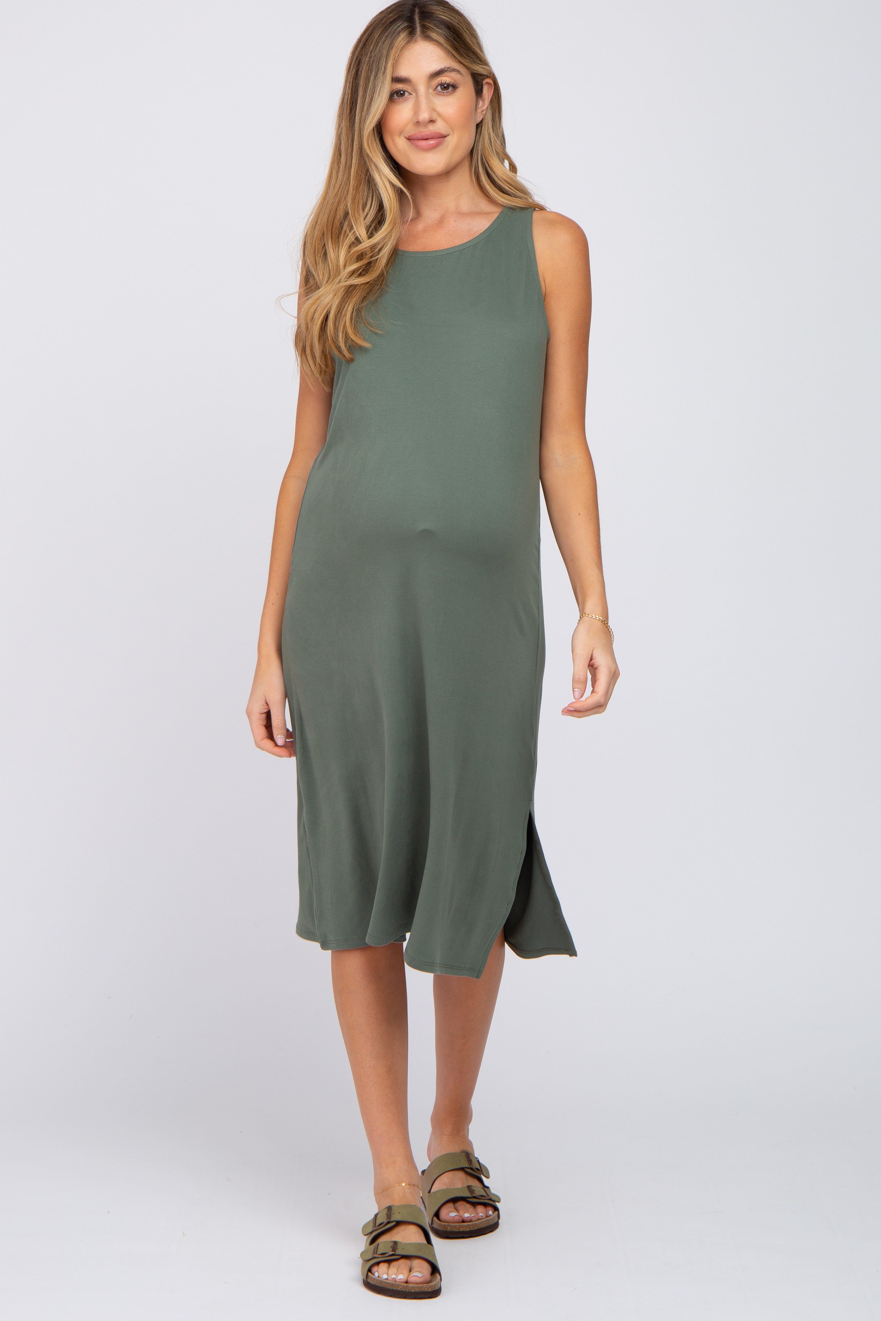 Olive Sleeveless Maternity Midi Dress sold by Pinkblush product image thumbnail 4