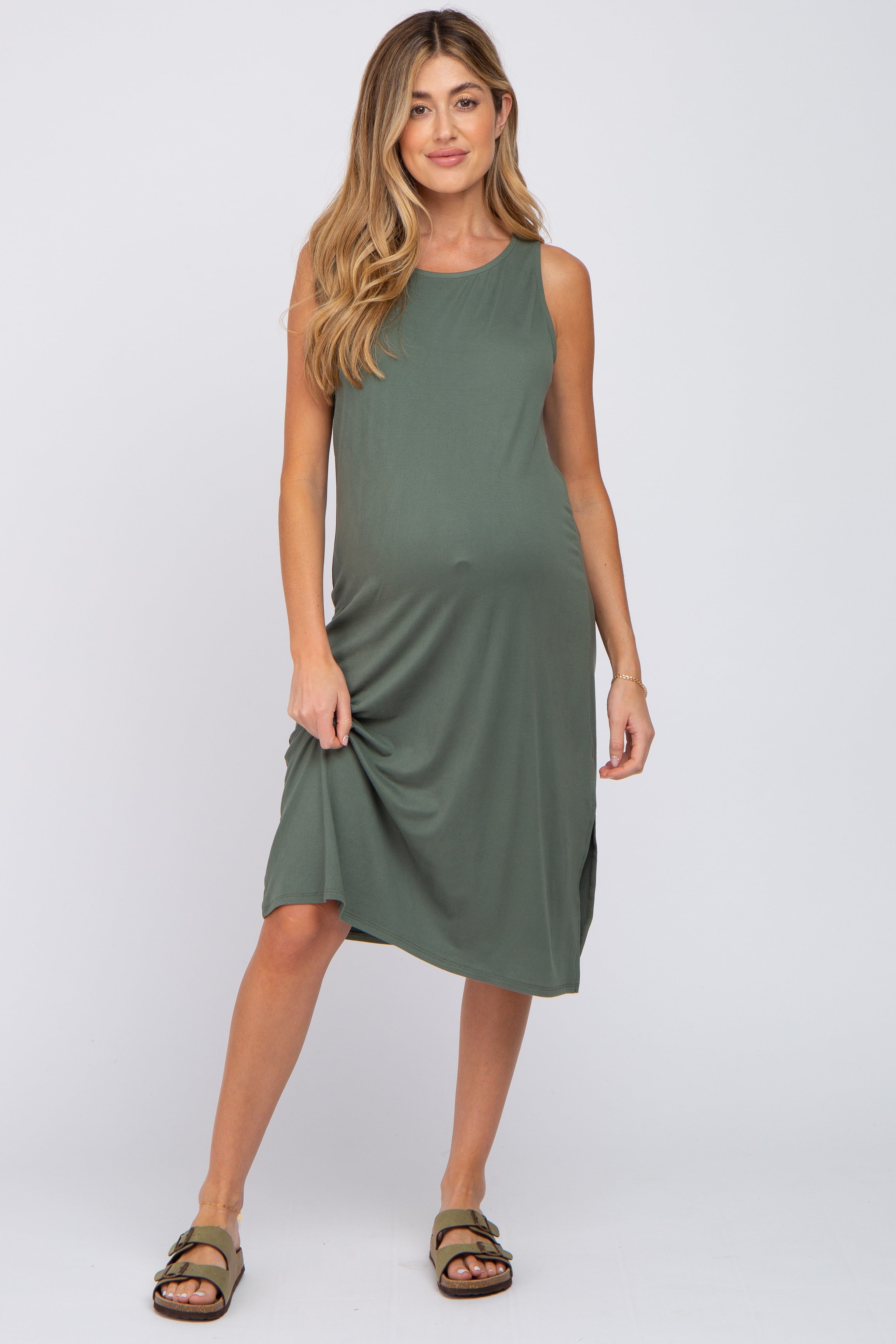Olive Sleeveless Maternity Midi Dress sold by Pinkblush