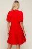 Red Satin Ruffle V-Neck Short Sleeve Dress sold by Pinkblush