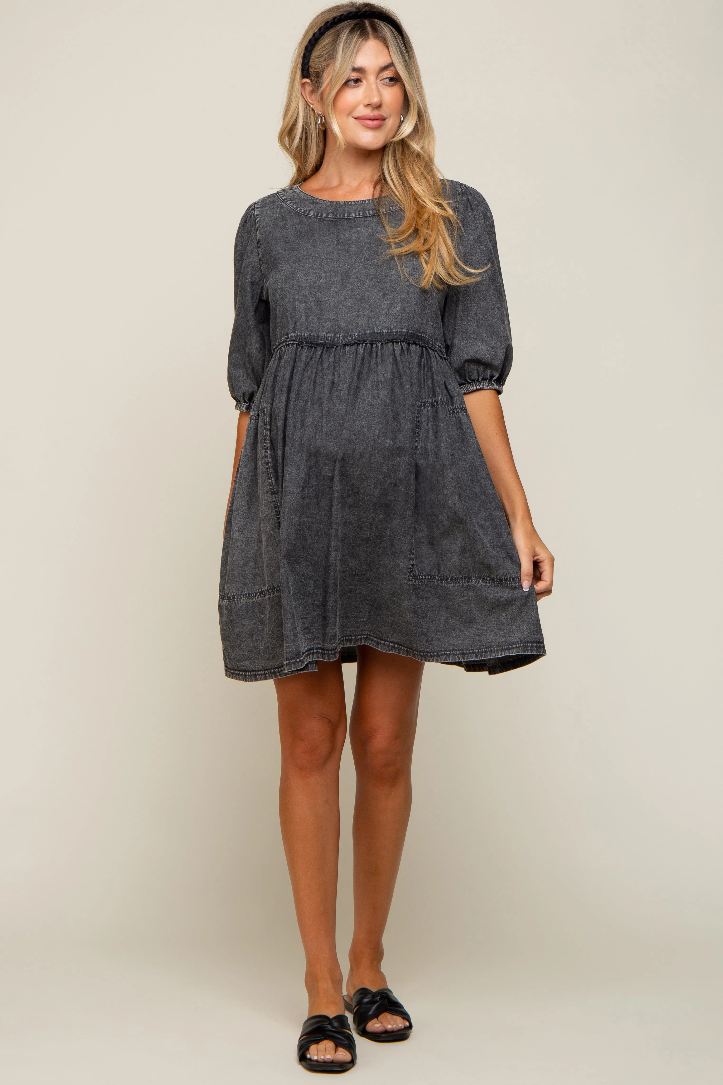 Black Faded Denim Chambray Maternity Mini Dress sold by Pinkblush