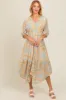 Orange Floral Border Print V-Neck Tiered Midi Dress sold by Pinkblush