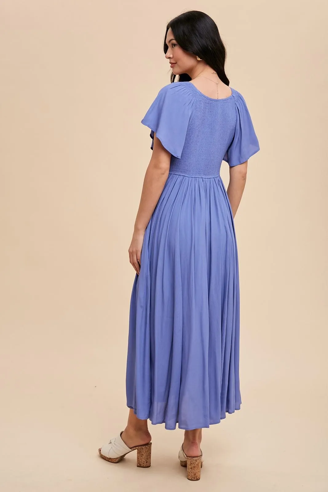 Blue V-Neck Flutter Short Sleeve Midi Dress sold by Pinkblush product image thumbnail 3