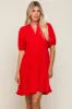 Red Satin Ruffle V-Neck Short Sleeve Dress sold by Pinkblush