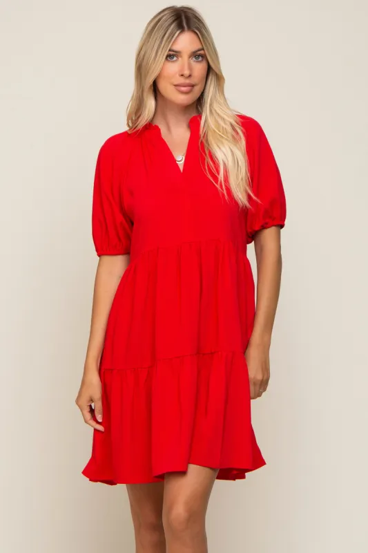 Red Satin Ruffle V-Neck Short Sleeve Dress sold by Pinkblush