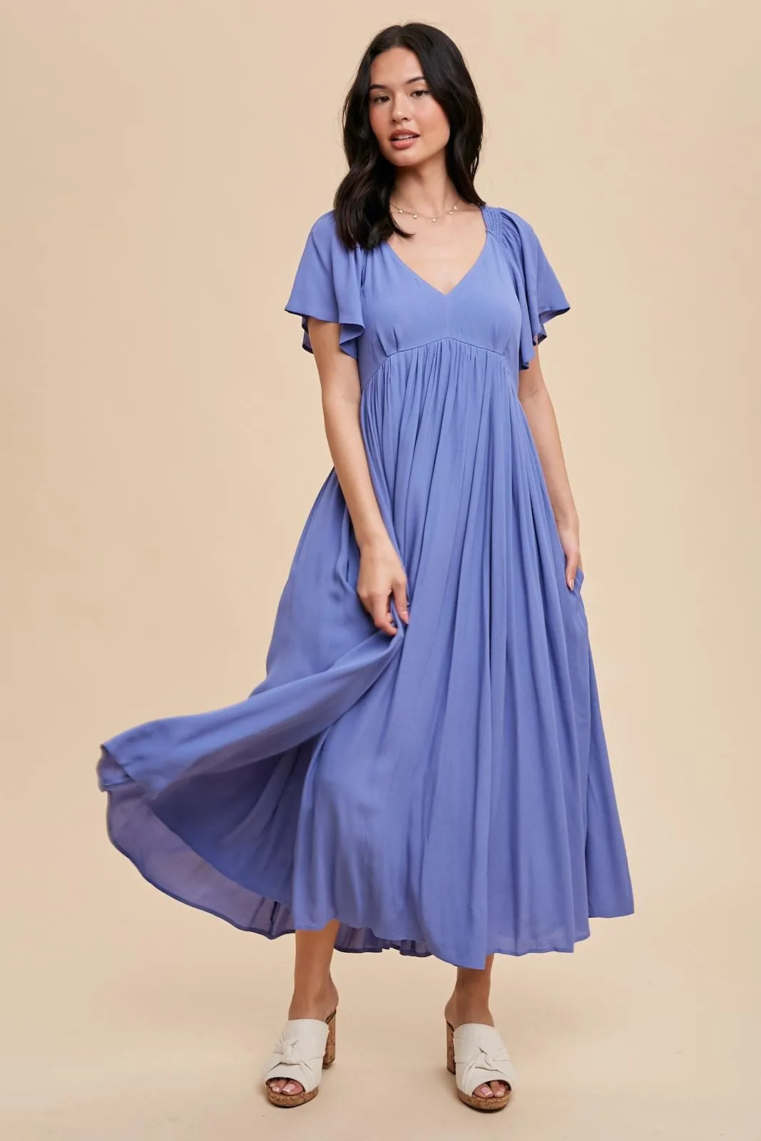 Blue V-Neck Flutter Short Sleeve Midi Dress sold by Pinkblush