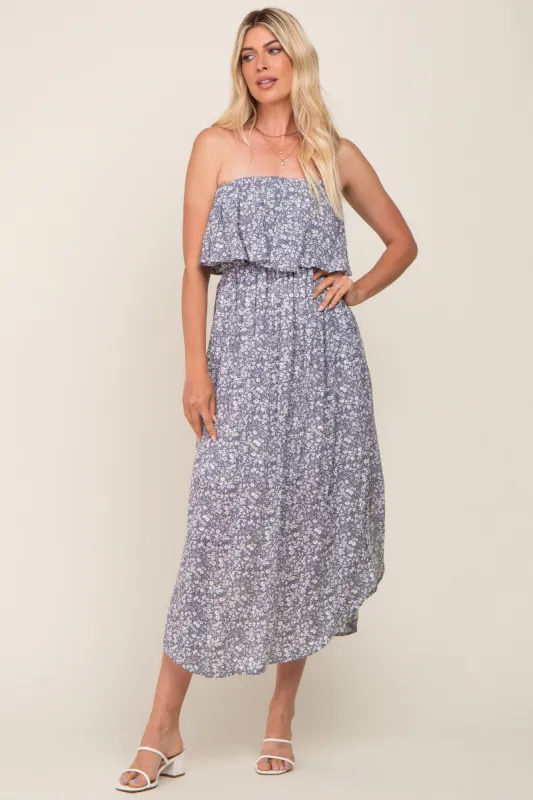 Grey Floral Strapless H-Lo Midi Dress sold by Pinkblush