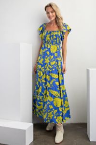 Blue Short Sleeve Printed Woven Maxi Dress sold by Pinkblush