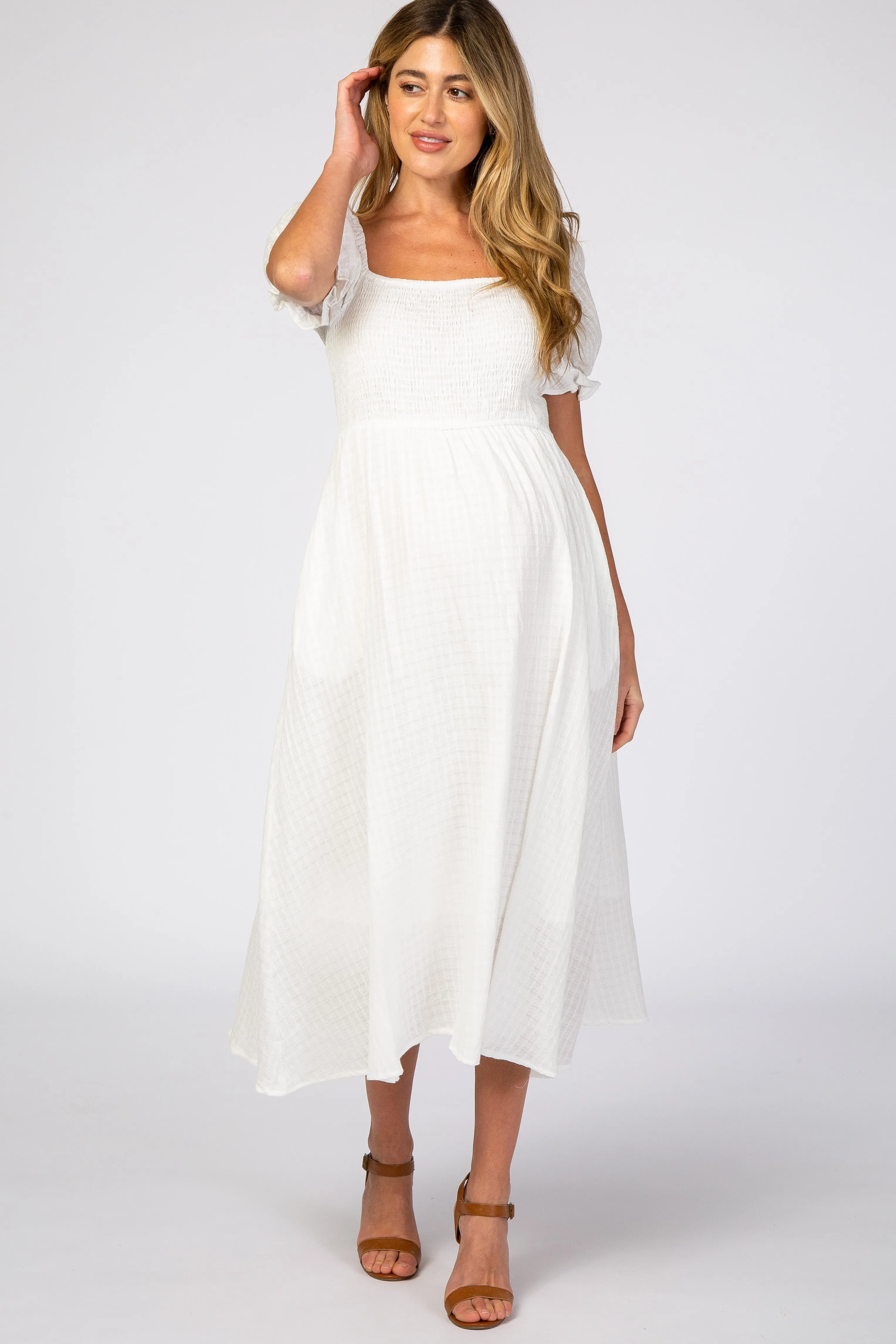White Smocked Puff Sleeve Maternity Midi Dress sold by Pinkblush