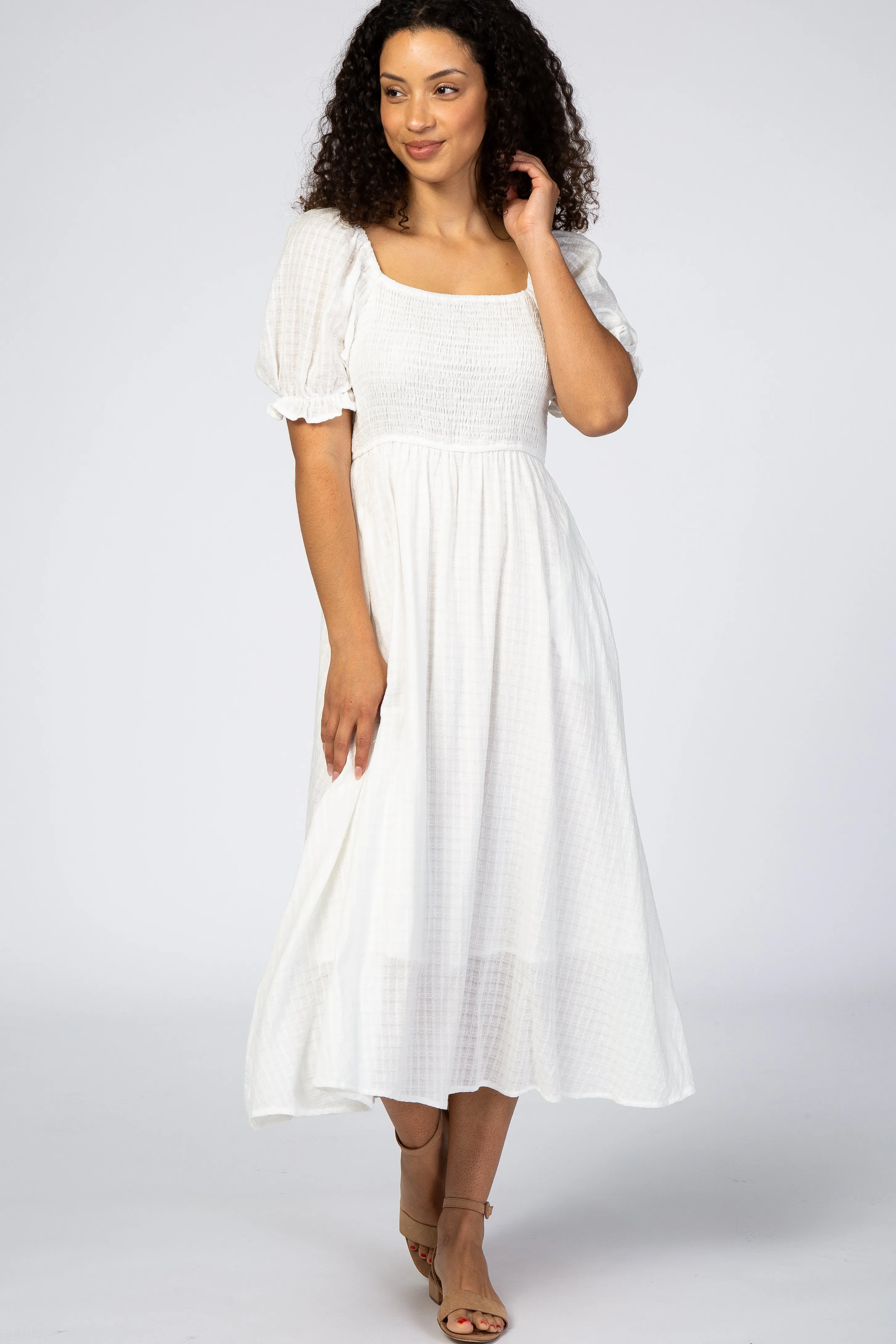 White Smocked Puff Sleeve Maternity Midi Dress sold by Pinkblush product image thumbnail 5