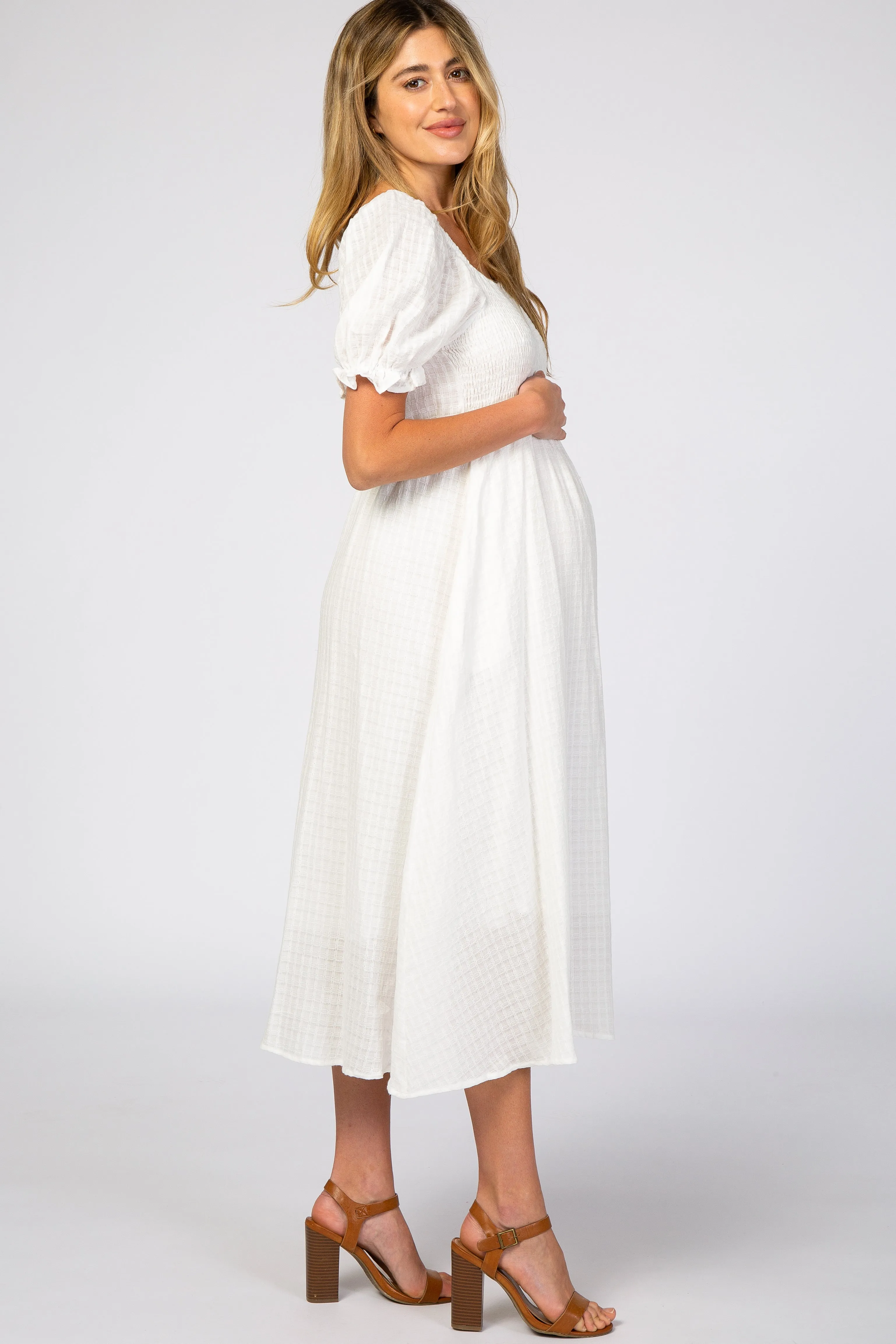 White Smocked Puff Sleeve Maternity Midi Dress sold by Pinkblush product image thumbnail 2