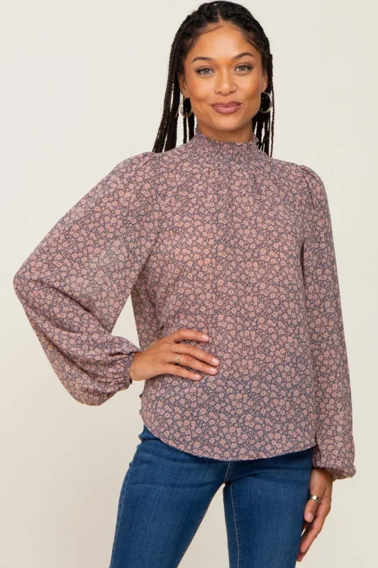 Navy Floral Smocked Mock Neck Blouse sold by Pinkblush
