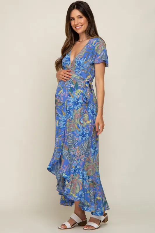 Blue Leaf Print Wrap Maternity Maxi Dress made by Pinkblush