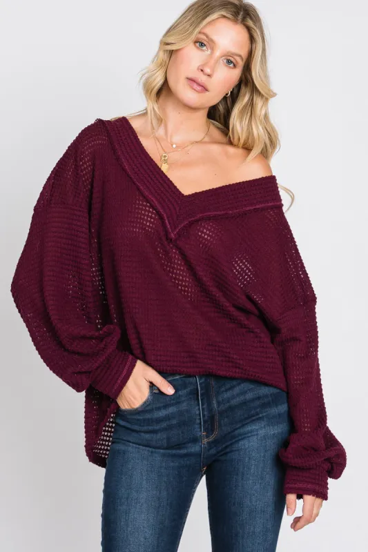 Burgundy Waffle Knit V-Neck Top sold by Pinkblush