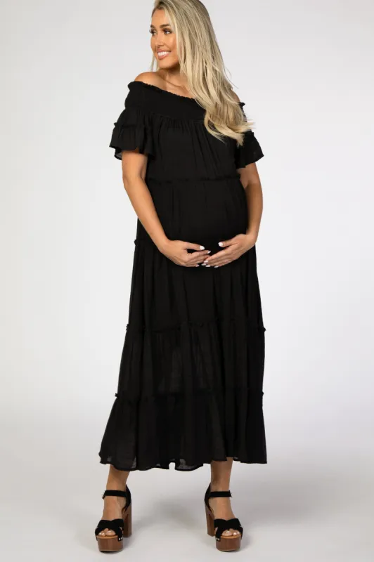 Black Off Shoulder Tiered Maternity Maxi Dress sold by Pinkblush