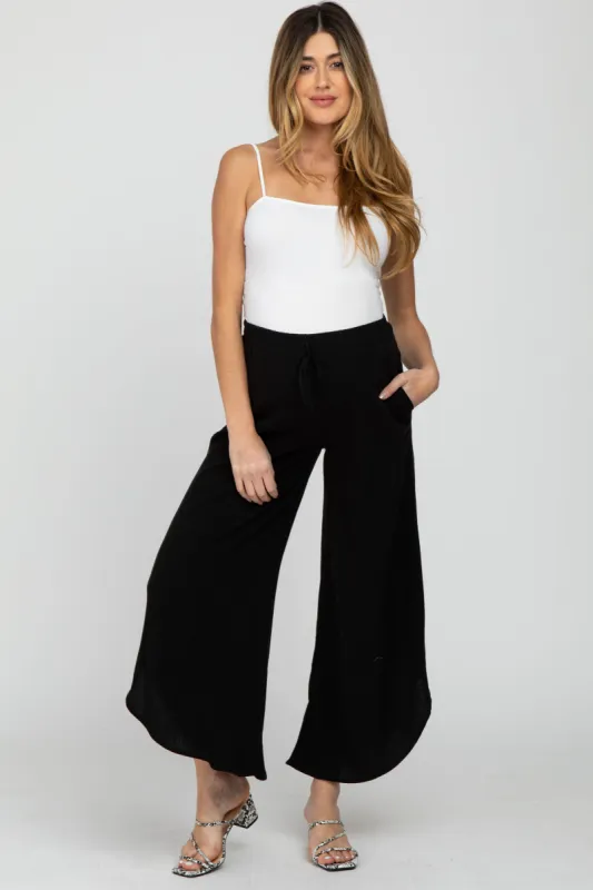 Black Linen Tie Front Curved Hem Maternity Pants sold by Pinkblush