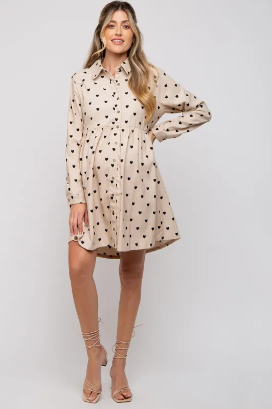 Cream Heart Print Corduroy Maternity Button Up Dress sold by Pinkblush