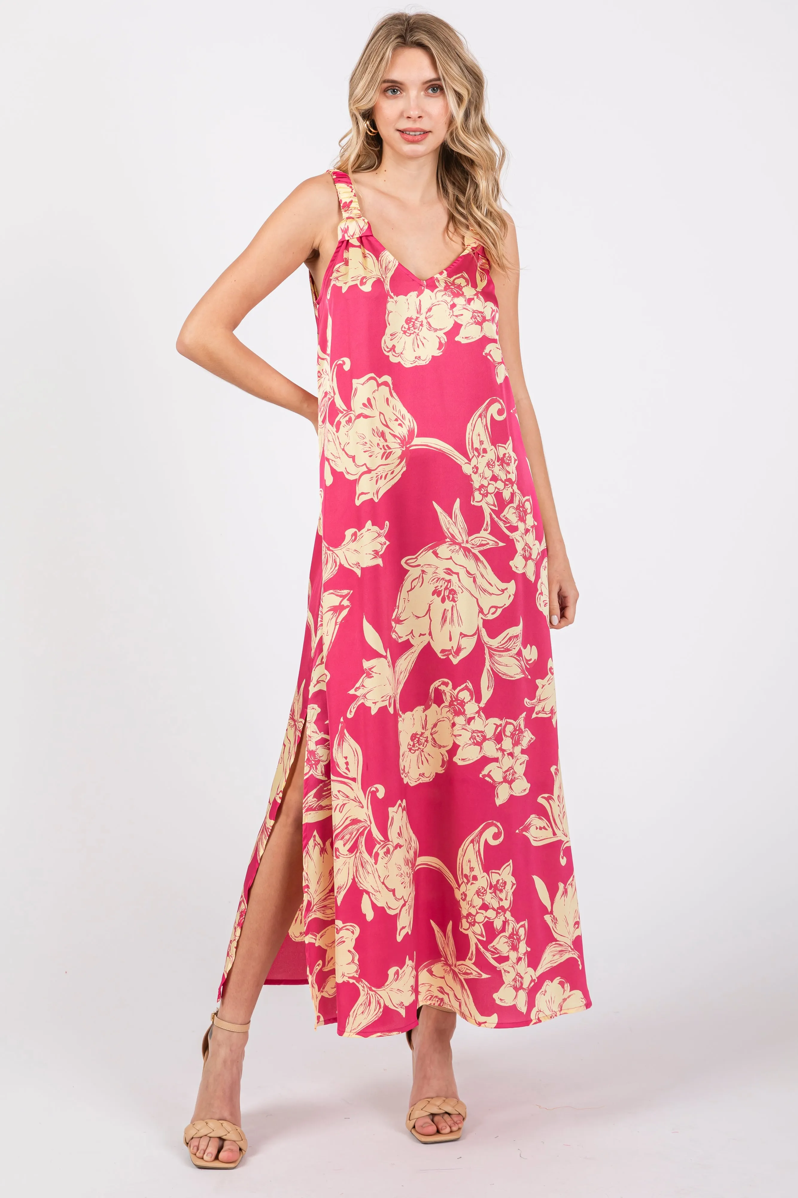 Fuchsia Floral Ruched Strap V-Neck Midi Dress sold by Pinkblush product image thumbnail 2