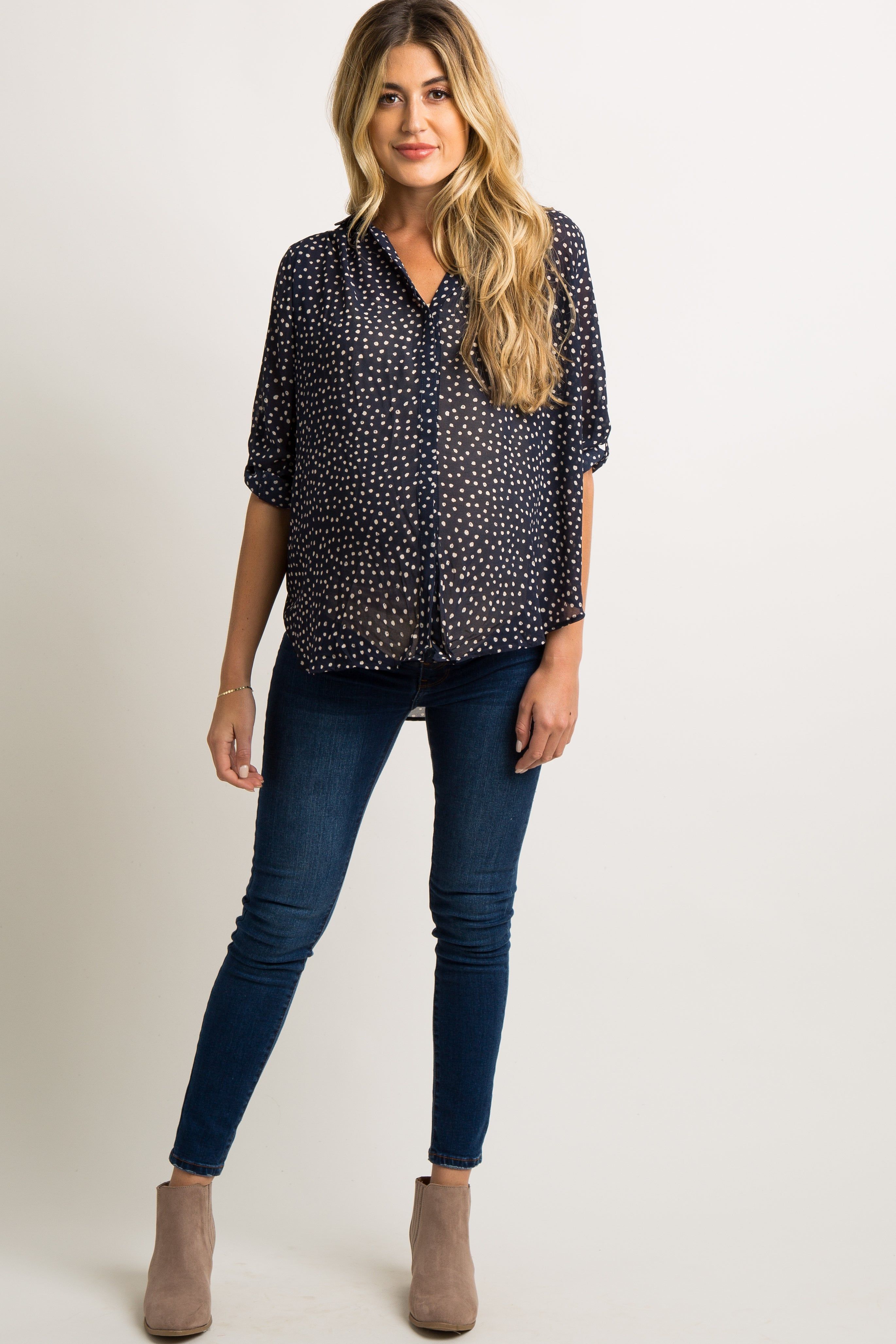 Navy Blue Polka Dot Chiffon Maternity Blouse sold by Pinkblush product image thumbnail 4