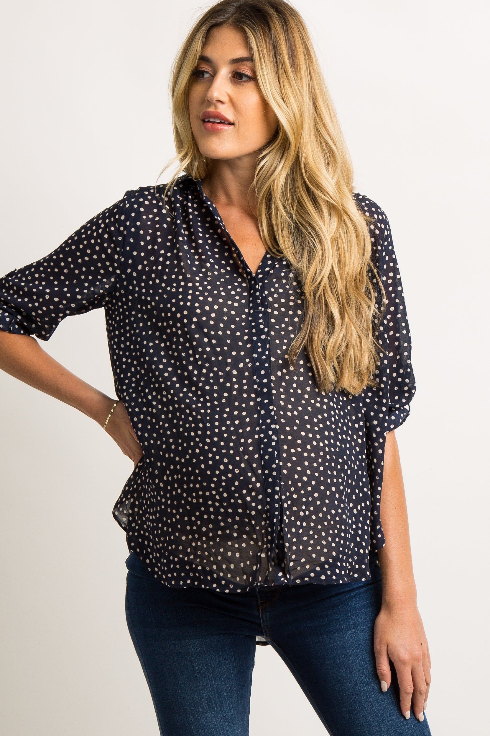Navy Blue Polka Dot Chiffon Maternity Blouse sold by Pinkblush