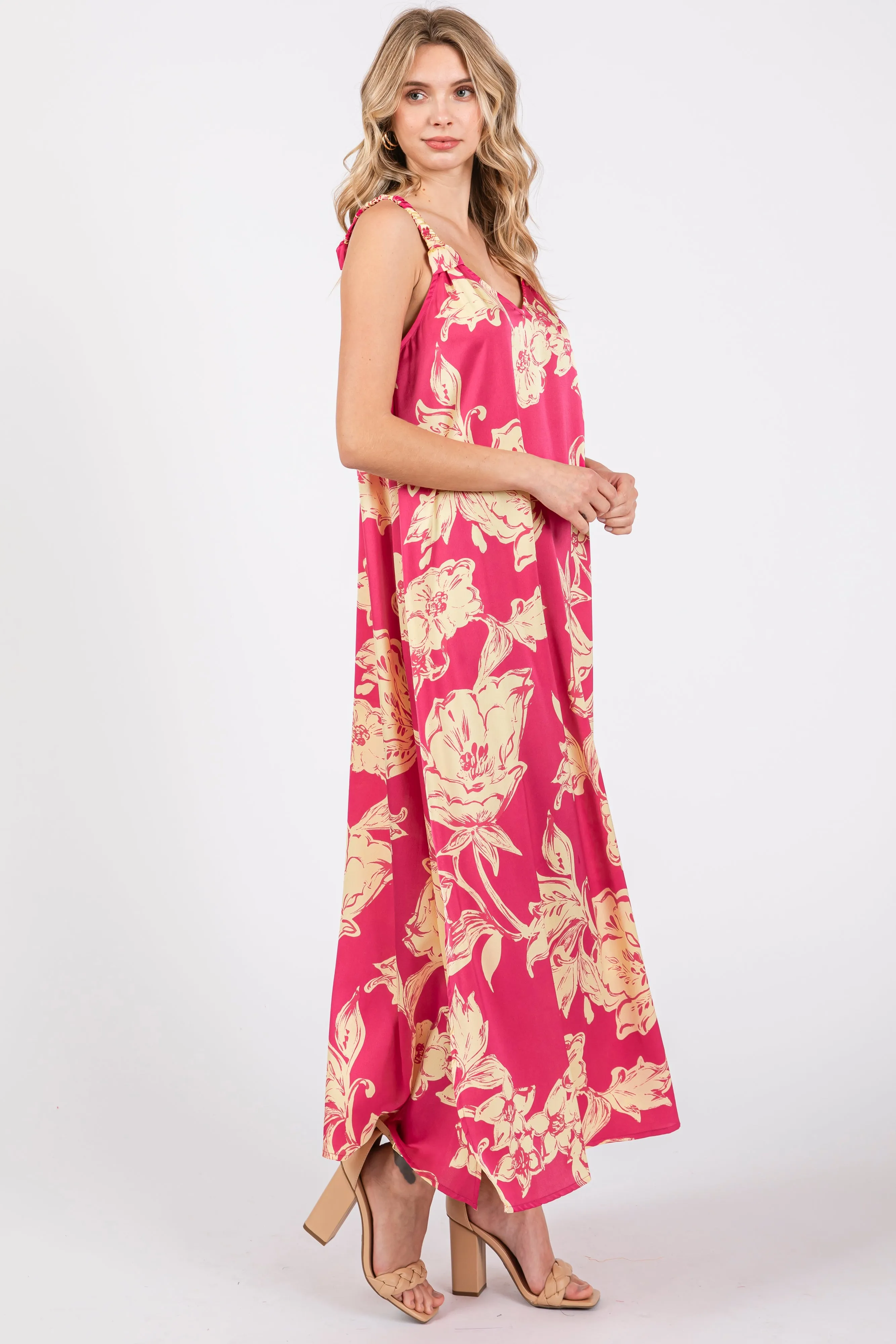 Fuchsia Floral Ruched Strap V-Neck Midi Dress sold by Pinkblush product image thumbnail 3