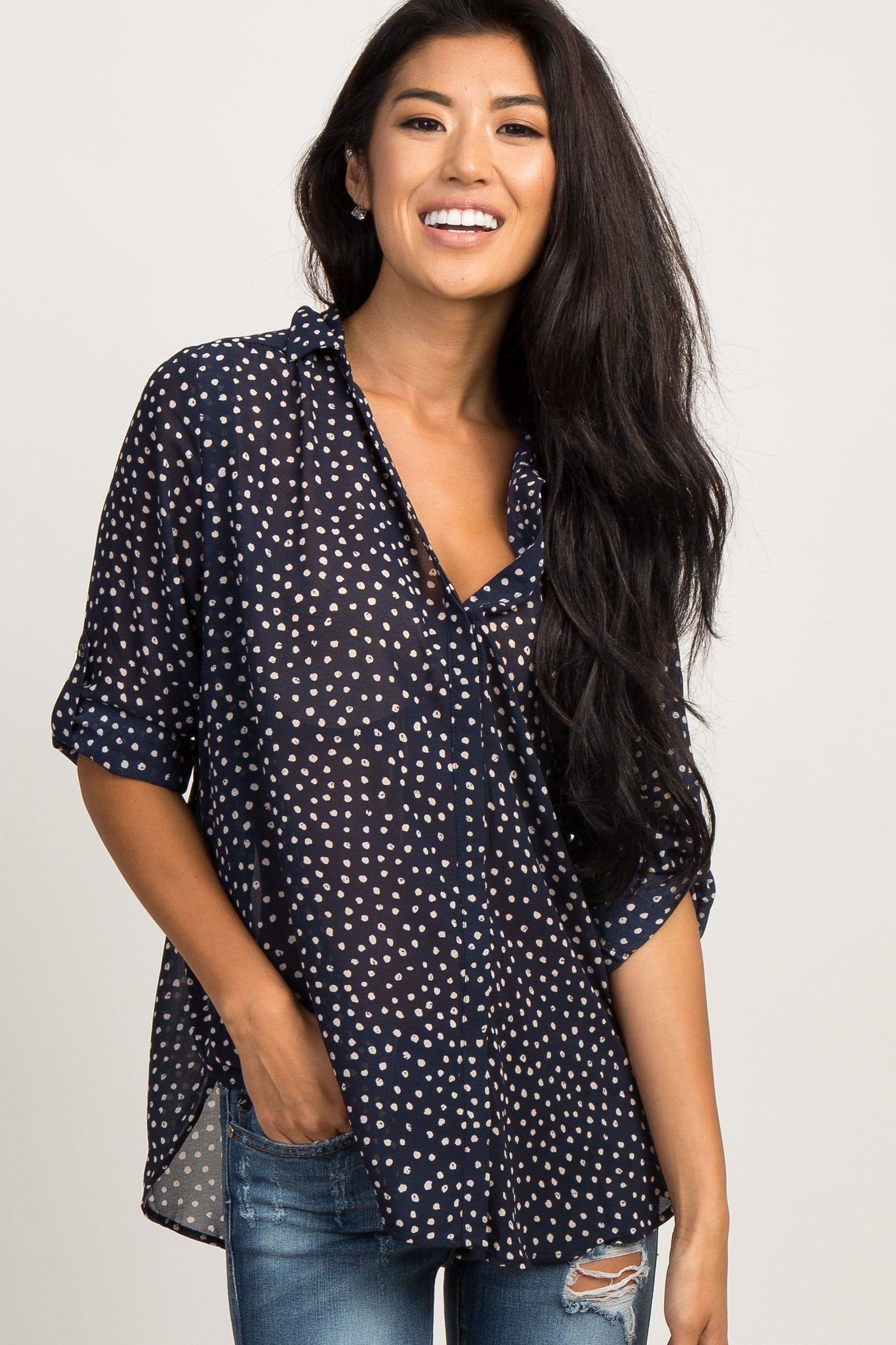 Navy Blue Polka Dot Chiffon Maternity Blouse sold by Pinkblush product image thumbnail 5