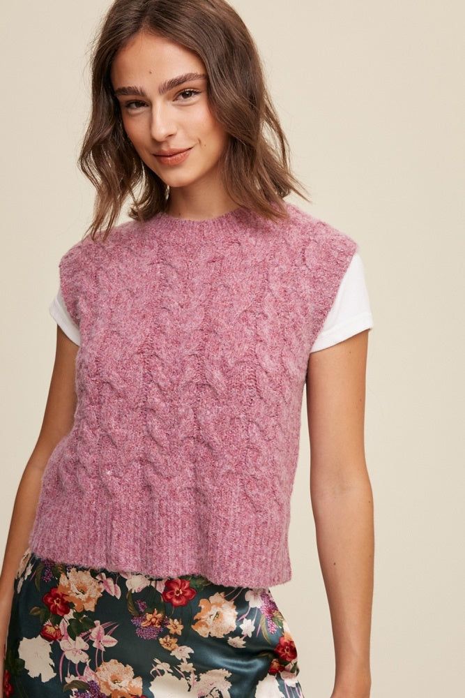 Magenta Cable Knit Cropped Sweater Vest sold by Pinkblush