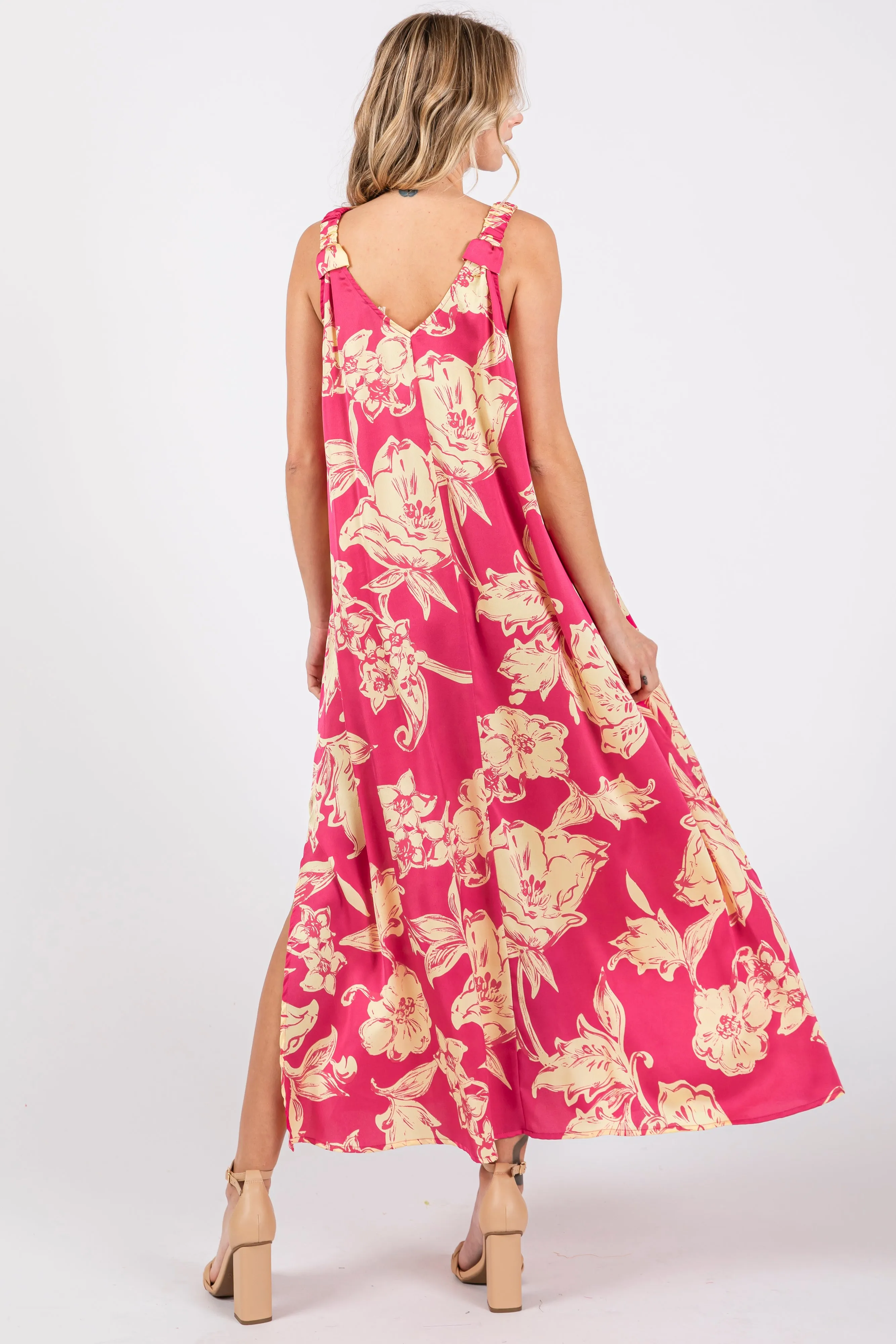Fuchsia Floral Ruched Strap V-Neck Midi Dress sold by Pinkblush product image thumbnail 4