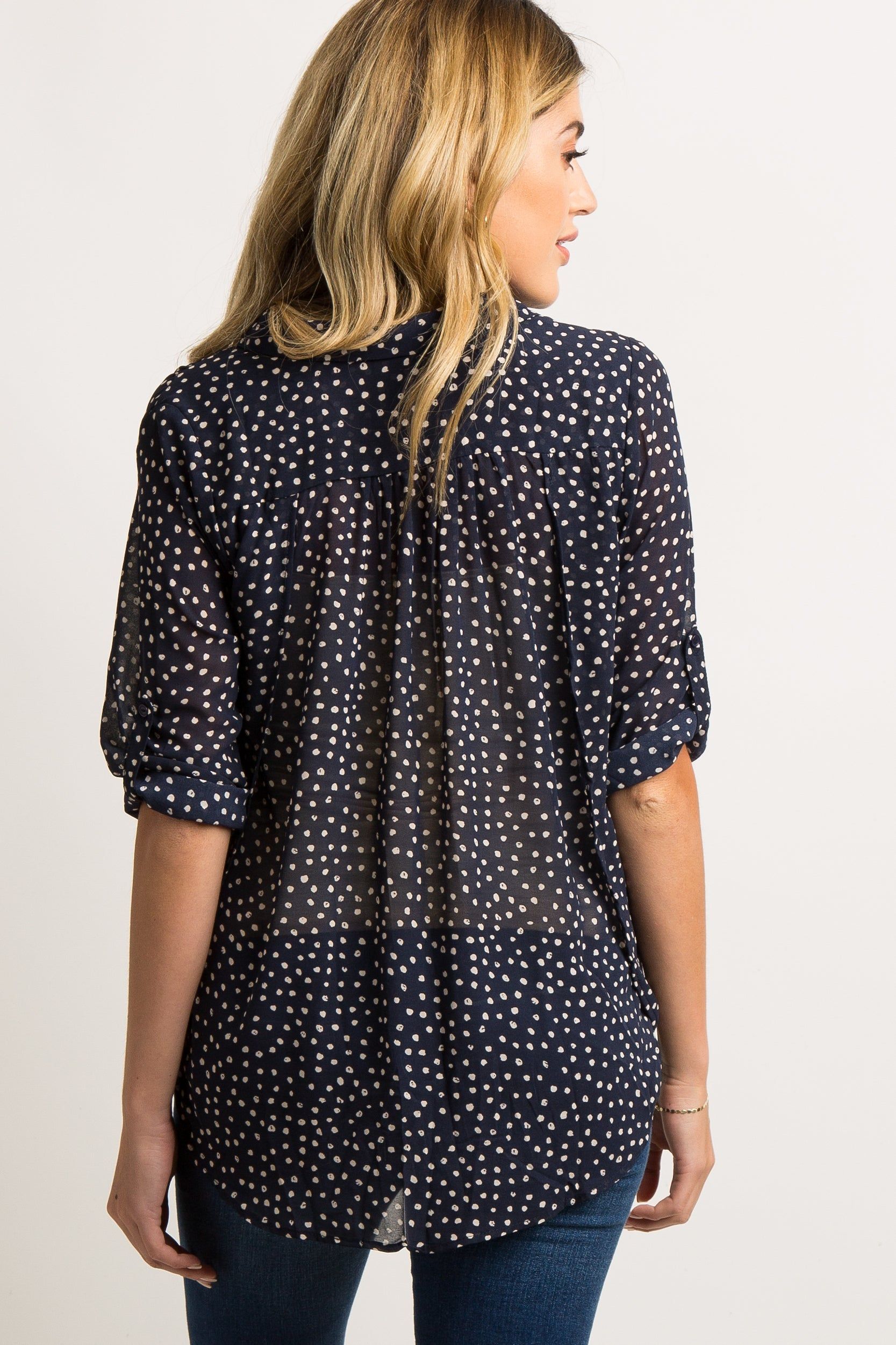 Navy Blue Polka Dot Chiffon Maternity Blouse sold by Pinkblush product image thumbnail 3