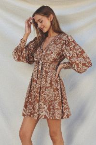 Plum Printed Shirred Waist Mini Dress sold by Pinkblush