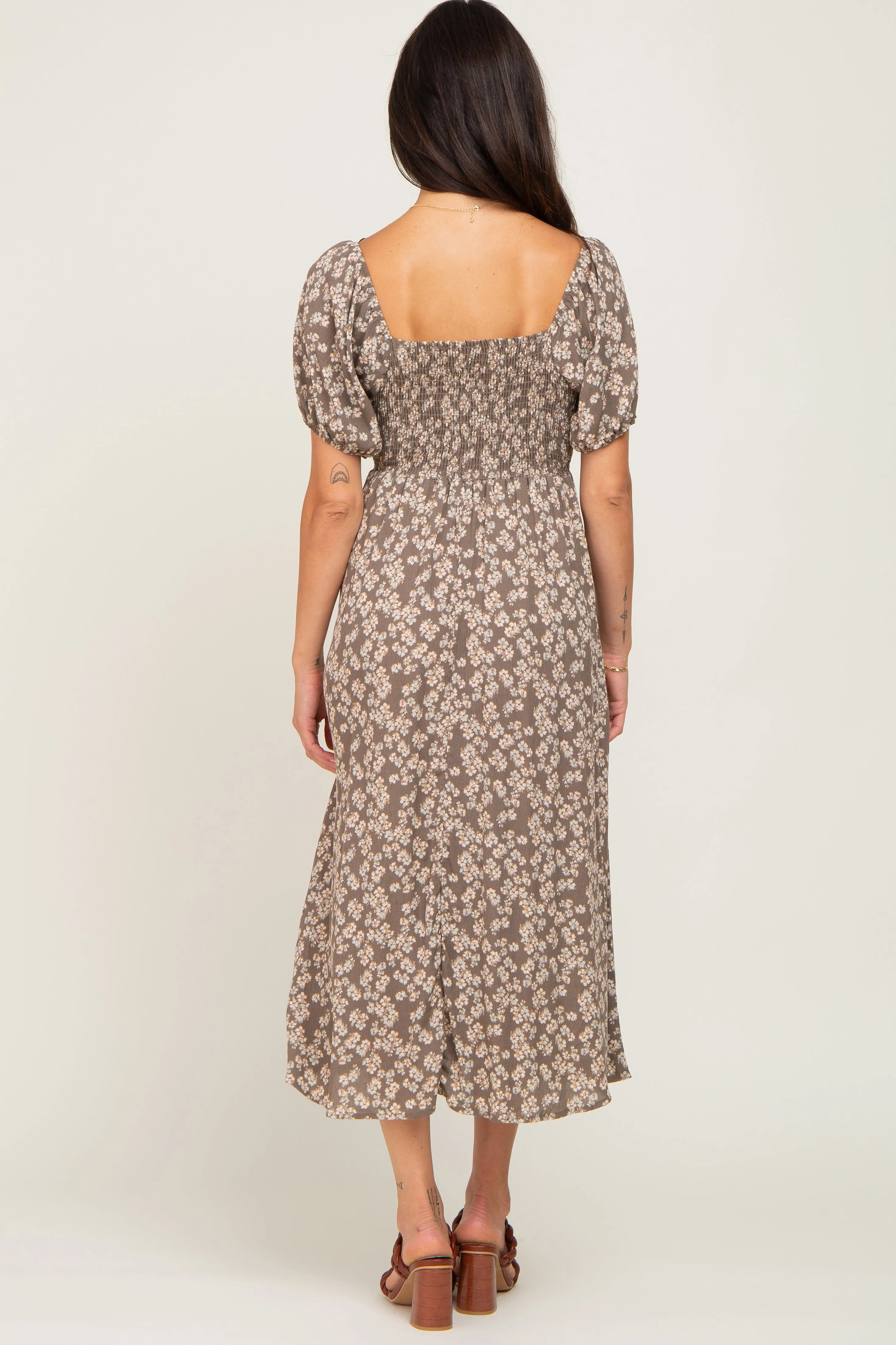 Grey Floral Puff Sleeve Midi Dress sold by Pinkblush product image thumbnail 3