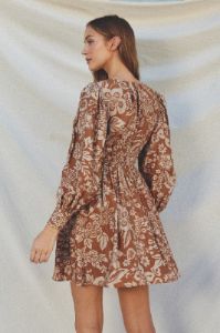 Plum Printed Shirred Waist Mini Dress sold by Pinkblush