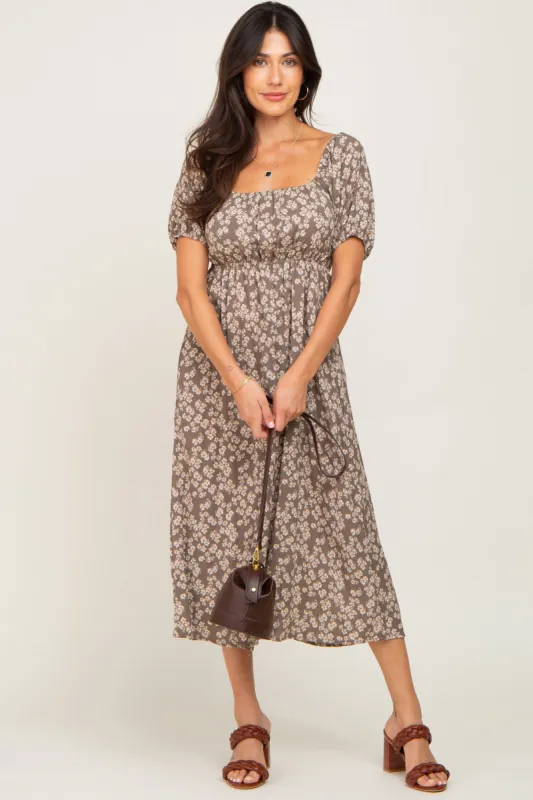 Grey Floral Puff Sleeve Midi Dress sold by Pinkblush