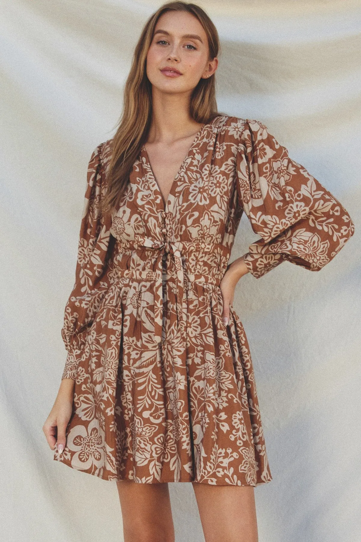 Plum Printed Shirred Waist Mini Dress sold by Pinkblush