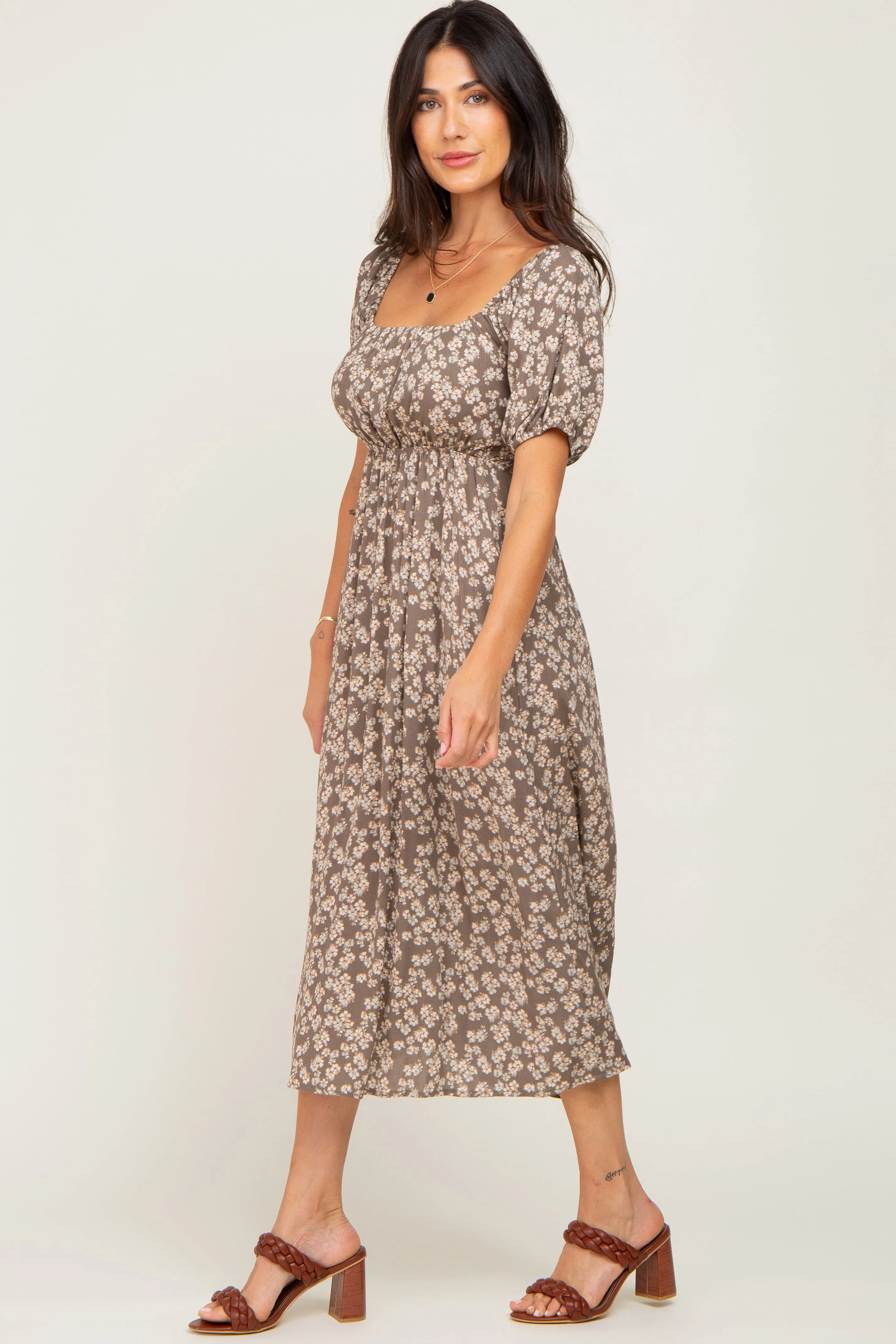 Grey Floral Puff Sleeve Midi Dress sold by Pinkblush product image thumbnail 2