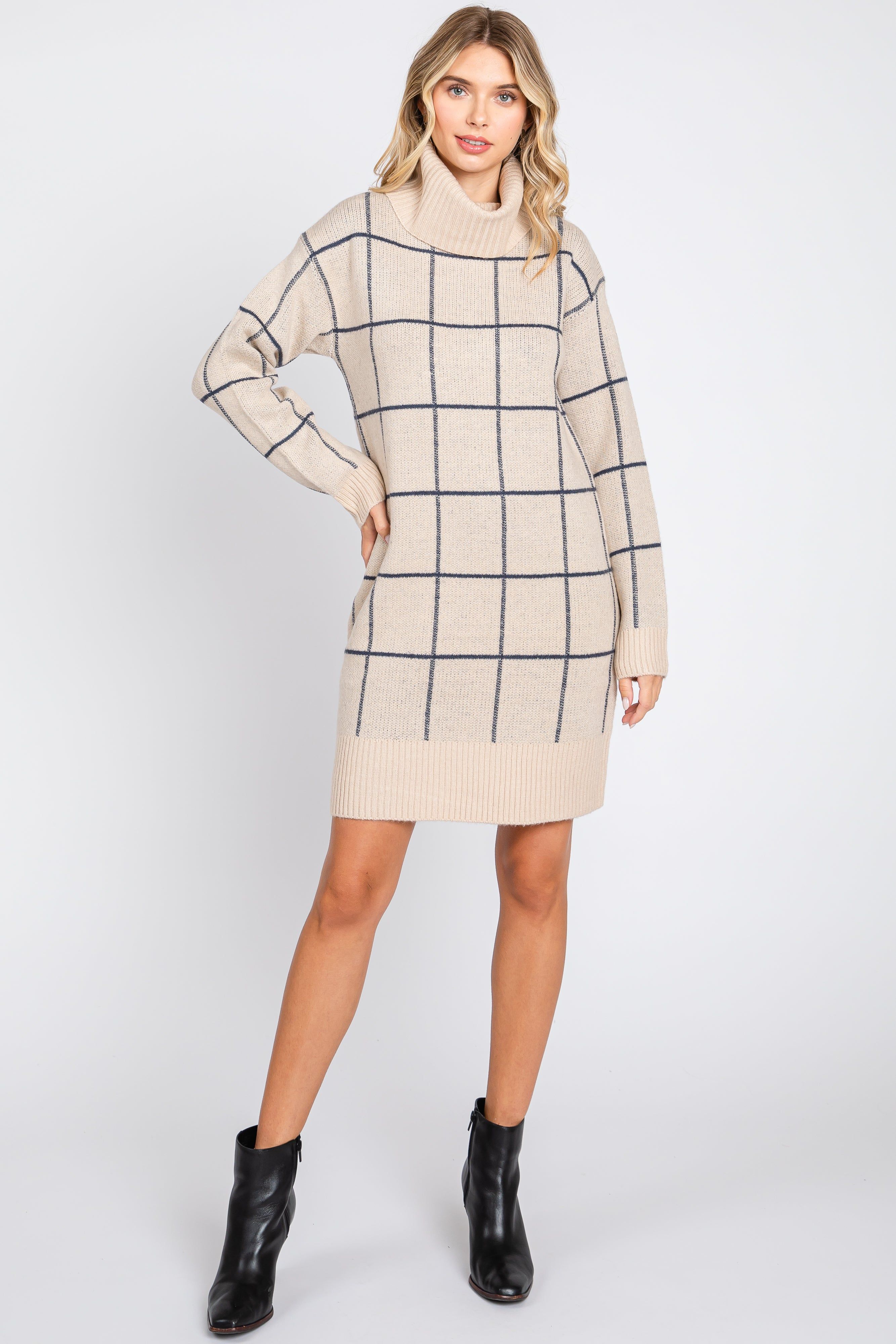 Taupe Windowpane Turtleneck Sweater Dress sold by Pinkblush