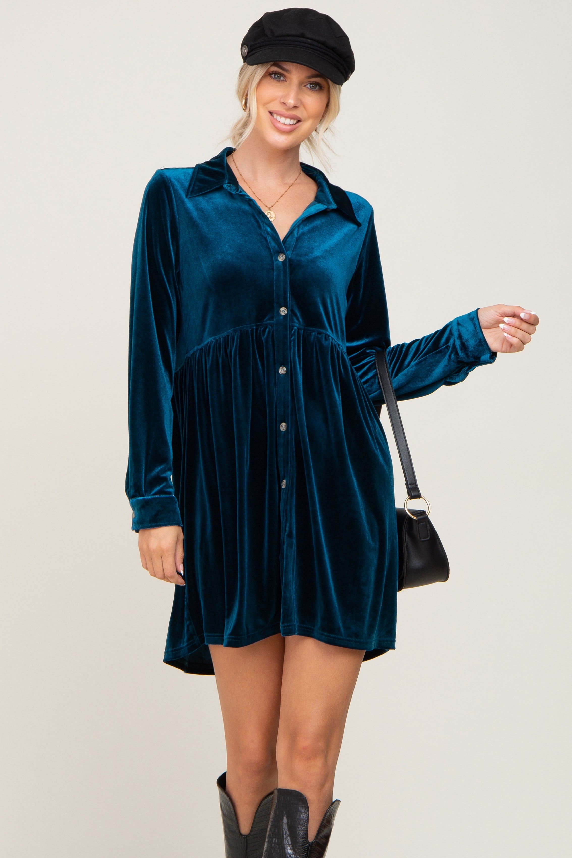 Dark Teal Velvet Button Down Mini Dress sold by Pinkblush